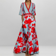 Plus Size V Neck Print Half Sleeve Maxi Dress GHHE-28480