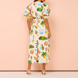 Plus Size Printed Bubble Sleeve Split Lace-Up Midi Dress GHHE-28067