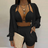Plus Size Long Sleeve Print Shorts Three Piece Set GHHE-9068