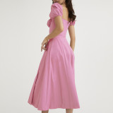 Plus Size Bubble Sleeve Lace-Up Slit Midi Dress GHHE-8141