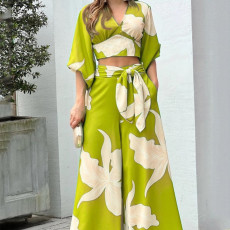 Plus Size V-Neck Lantern Sleeve Crop Top Wide Leg Pants Set GHHE-86478