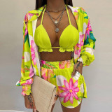 Plus Size Long Sleeve Print Shorts Three Piece Set GHHE-9068