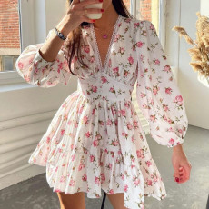 Plus Size Print V Neck Lace Mini Dress GHHE-8536