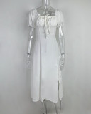 Plus Size Bubble Sleeve Lace-Up Slit Midi Dress GHHE-8141