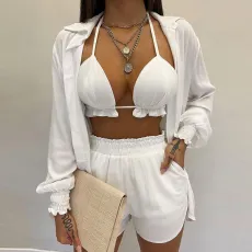 Plus Size Long Sleeve Print Shorts Three Piece Set GHHE-9068