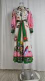Plus Size Lantern Sleeve Printed Lapel Long Dress GHHE-24761