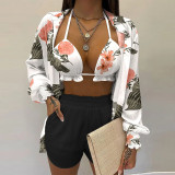 Plus Size Long Sleeve Print Shorts Three Piece Set GHHE-9068