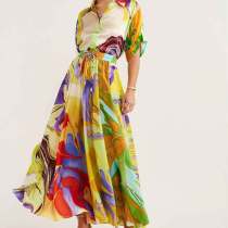 Plus Size Print Shirt Pleated Long Skirt 2 Piece Set GHHE-24679
