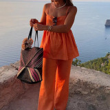 Plus Size Solid Color Loose Sling Two Piece Pants Suit GHHE-28635
