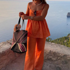 Plus Size Solid Color Loose Sling Two Piece Pants Suit GHHE-28635