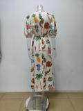 Plus Size Printed Bubble Sleeve Split Lace-Up Midi Dress GHHE-28067