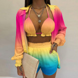 Plus Size Long Sleeve Print Shorts Three Piece Set GHHE-9068