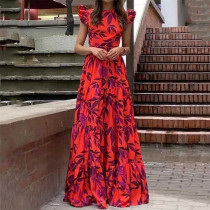Pus Size Printed Fly Sleeve Big Swing Long Dress GHHE-24329