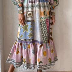 Plus Size Painted Print Lantern Long Sleeve Maxi Dress GHHE-24540