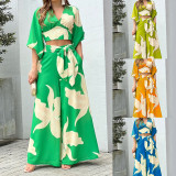 Plus Size V-Neck Lantern Sleeve Crop Top Wide Leg Pants Set GHHE-86478