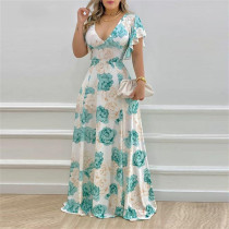 Plus Size Print V Neck Big Swing Maxi Dress GHHE-9040