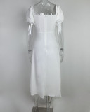 Plus Size Bubble Sleeve Lace-Up Slit Midi Dress GHHE-8141