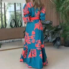Plus Size V Neck Long Sleeve Tie Up Maxi Dress GHHE-28748