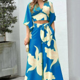 Plus Size V-Neck Lantern Sleeve Crop Top Wide Leg Pants Set GHHE-86478