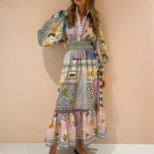 Plus Size Painted Print Lantern Long Sleeve Maxi Dress GHHE-24540