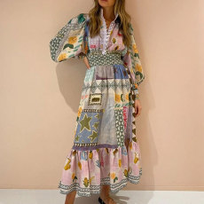 Plus Size Painted Print Lantern Long Sleeve Maxi Dress GHHE-24540