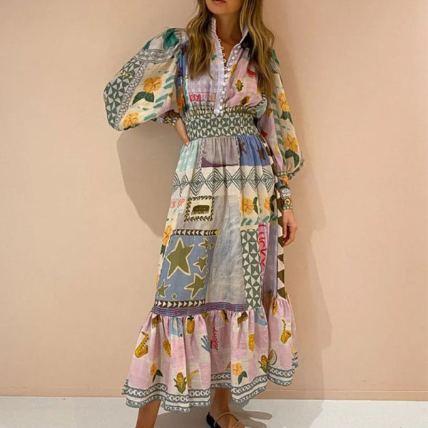 Plus Size Painted Print Lantern Long Sleeve Maxi Dress GHHE-24540