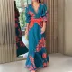 Plus Size V Neck Long Sleeve Tie Up Maxi Dress GHHE-28748