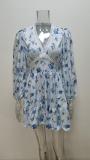 Plus Size Print V Neck Lace Mini Dress GHHE-8536