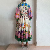 Plus Size Lantern Sleeve Printed Lapel Long Dress GHHE-24761