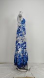 Plus Size Print V Neck Sling Patchwork Split Maxi Dress GHHE-25041
