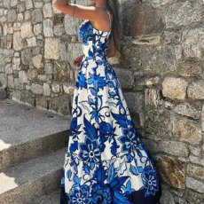 Plus Size Print V Neck Sling Patchwork Split Maxi Dress GHHE-25041