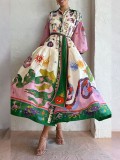 Plus Size Lantern Sleeve Printed Lapel Long Dress GHHE-24761