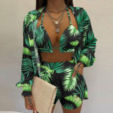 Plus Size Long Sleeve Print Shorts Three Piece Set GHHE-9068