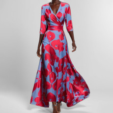 Plus Size Casual Print V Neck Big Swing Maxi Dress GHHE-28751