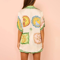 Plus Size Fashion Printed Button Down Shirt Shorts Set GHHE-28063