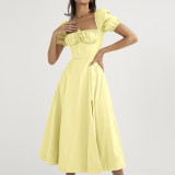 Plus Size Bubble Sleeve Lace-Up Slit Midi Dress GHHE-8141