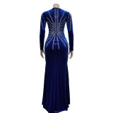 Solid Color Hot Drill Long Sleeve Maxi Dress BY-6827