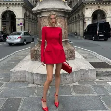 Bow Tie High Waist Long Sleeve Mini Dress XEF-57219
