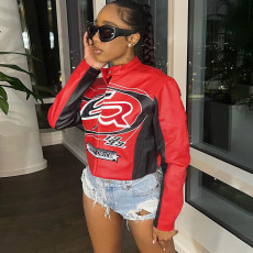 Zipper Contrast Color Embroidery Short Jacket XEF-56529