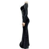Solid Color Hot Drill Long Sleeve Maxi Dress BY-6827