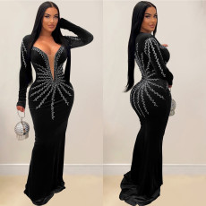 Solid Color Hot Drill Long Sleeve Maxi Dress BY-6827