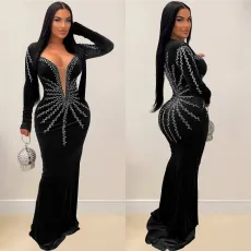 Solid Color Hot Drill Long Sleeve Maxi Dress BY-6827