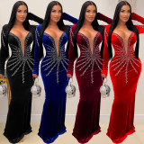 Solid Color Hot Drill Long Sleeve Maxi Dress BY-6827