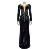 Solid Color Hot Drill Long Sleeve Maxi Dress BY-6827