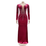 Solid Color Hot Drill Long Sleeve Maxi Dress BY-6827
