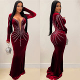 Solid Color Hot Drill Long Sleeve Maxi Dress BY-6827