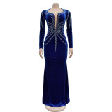 Solid Color Hot Drill Long Sleeve Maxi Dress BY-6827