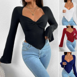 V Neck Flare Sleeve Irregular T Shirt GYSQ-WCCF1710