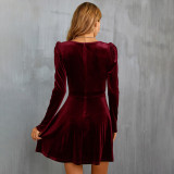 V Neck Velour Long Sleeve Mini Dress GYSQ-CDCG1120
