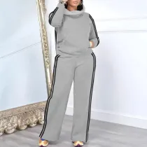High Collar Stripe Hooded Sweatshirt Two Piece Pant Set NY-10952